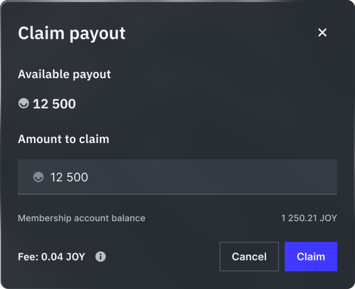 claim payout popup, in front of the my payments tab