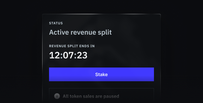 shows active revenue split popup with a counter and button with the title "stake"